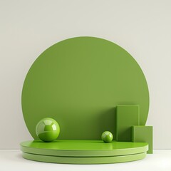 Poster - green round podium displaying products with spheres and cubes on a light background