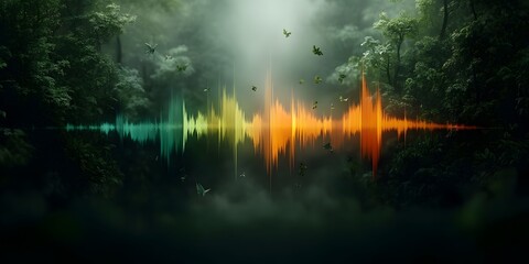 Poster - Detailed spectrographic visualization showcasing the varied frequency spectrum of a verdant forest s environmental sounds multidimensional audio waveforms rendered in vibrant hues