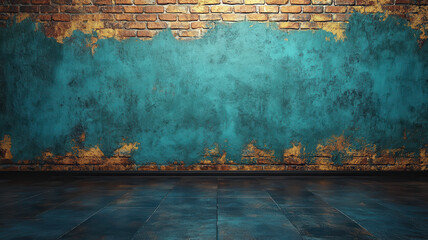 textured wall with peeling turquoise paint and rustic brick background creates striking visual. glossy black tile floor reflects vibrant colors, enhancing room character