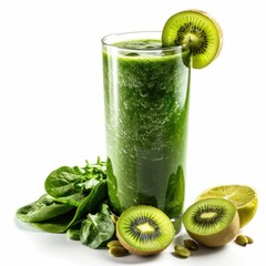 Poster - Green smoothie in a tall glass surrounded by fresh kiwi and spinach leaves on white background