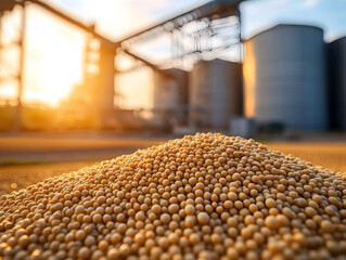 Poster - Soybean meal in a farm setting with silos in the background, Main keyword soybean meal, Concept largescale agriculture