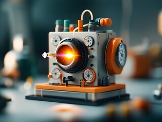 Poster - Detailed view of a sleek compact metallic spectrometer device analyzing atomic emissions with an intricate array of dials and readouts displaying a spectrum of colorful light