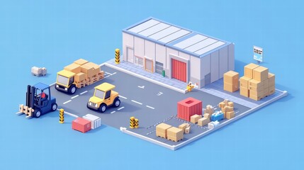 Poster - Industrial warehouse logistics forklift stacking crates from aerial perspective