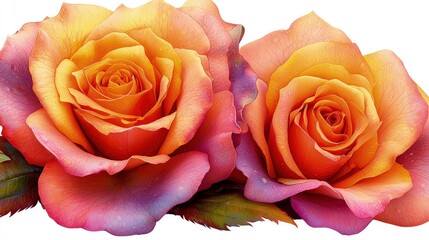 Wall Mural - Two vibrant orange and pink roses with green leaves on white background.