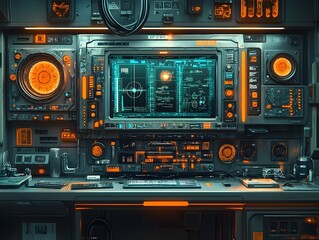 Poster - Detailed of an advanced cutting edge spectrometer instrument analyzing the frequency of electron transitions in a futuristic