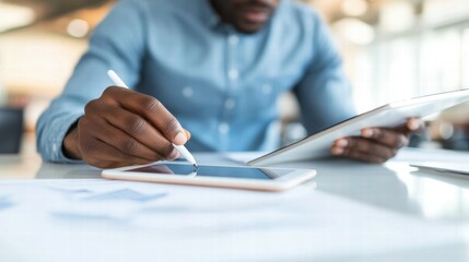 Poster - Business professional using tablet and stylus for digital work in office