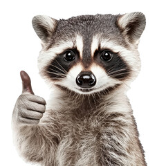 Portrait of a funny raccoon showing thumbs up gesture isolated on white background approval success positive good best concept raccoon portrait showing thumb up gesture isolated on white background