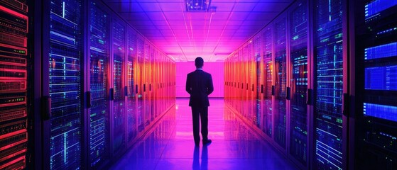 Poster - Business Professional in Data Center with Colorful Server Racks
