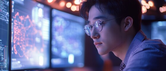 Poster - focused young person analyzing data on multiple digital screens at night