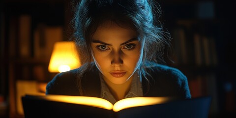 Wall Mural - A young woman deeply immersed in reading a book, illuminated by a warm desk lamp in a cozy, dimly lit library setting, highlights focused learning and introspection.