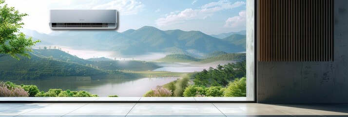 Aufkleber - Air conditioning unit mounted on wall next to open window overlooking serene lake and mountain view. Generative AI