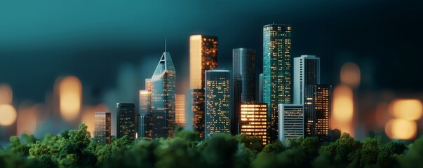 Wall Mural - A vibrant city skyline at night, illuminated by glowing lights, surrounded by greenery, showcasing modern architecture against a dark backdrop.