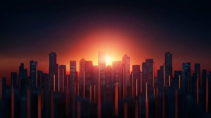 Wall Mural - A vibrant city skyline silhouetted against a dramatic sunset, showcasing towering skyscrapers and a colorful horizon.