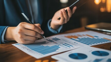 Poster - Business Professional Analyzing Financial Reports with a Tablet and Pen