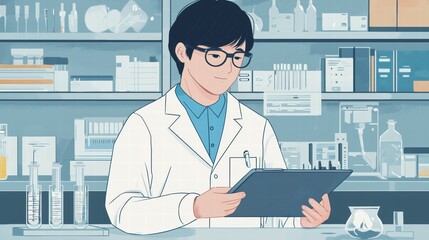 Poster - Young Scientist Analyzing Data in Laboratory Environment with Equipment