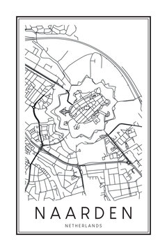 Printable downtown road map poster of the Dutch city of NAARDEN on solid white background with city name