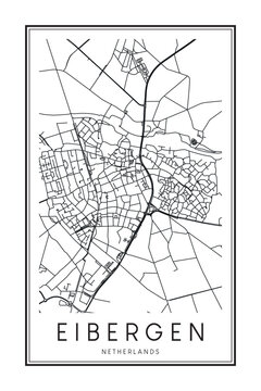Printable downtown road map poster of the Dutch city of EIBERGEN on solid white background with city name