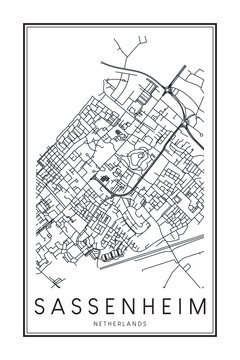 Printable downtown road map poster of the Dutch city of SASSENHEIM on solid white background with city name