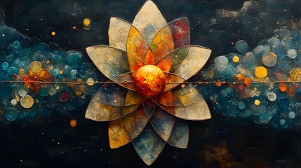Poster - Surreal and Imaginative Depiction of a Technetium Atom Exploring Its Unique Atomic Properties and Potential Medical Applications Through the Use of Abstract Shapes Vibrant Colors