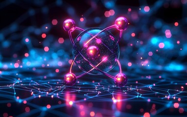 Poster - 3D model of a technetium atom emphasizing its unique electron shell arrangement and medical imaging applications  The model features a glowing cyan and magenta color palette