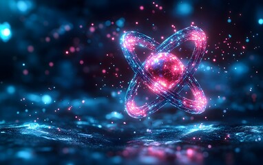 Poster - 3D model of a technetium atom emphasizing its unique electron shell arrangement and medical imaging applications presented in a glowing cyan and magenta color palette