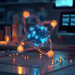 Poster - 3D model of a technetium atom highlighting its unique electron shell arrangement and medical imaging applications  The model features a glowing cyan and magenta palette