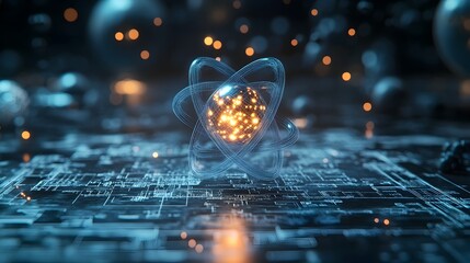 Poster - detailed 3d model of a technetium atom revealing its electron shells and orbital patterns in vivid c