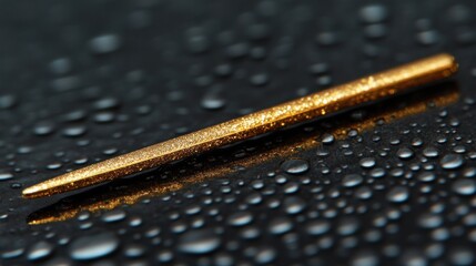 Sticker - Gold-colored metallic rod on wet black surface.