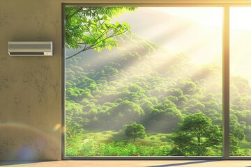 Poster - Air conditioner mounted on wall beside an open window revealing a scenic view of green hills and sunlight. Generative AI