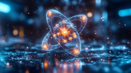 Poster - 3D digital model of a technetium atom emphasizing its unique electron shell arrangement and medical imaging applications  The model features a glowing cyan and magenta color palette