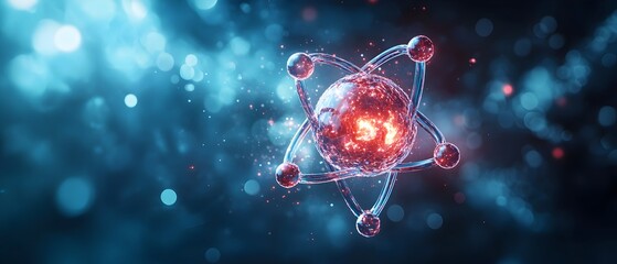 Poster - detailed and 3d model of a technetium atom illustrating the behavior of its electrons and the practi