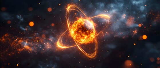 Poster - 3D render of a technetium atom showcasing the behavior of its electrons and the crucial role they play in various applications such as medical imaging techniques advanced materials simulation