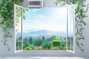 Aufkleber - Air conditioner mounted on wall with open window offering a view of greenery and mountains on a sunny day. Generative AI