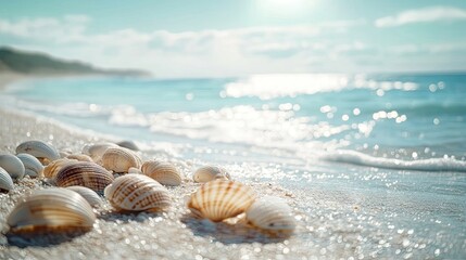 Sticker - Stunning summer background featuring shells, a pristine white beach, and a sunny coast, perfect for evoking a serene beach atmosphere. The summer background offers ample copy space.