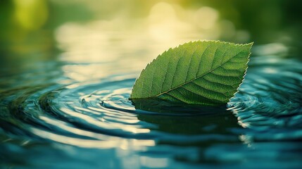 Poster - Green leaf floats on calm water, sunlight.