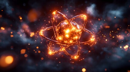 Poster - Detailed 3D representation of a technetium atom revealing its electron and use in medical scans with vibrant neon colors cinematic lighting