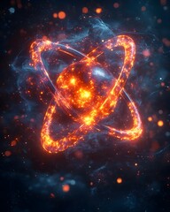 Poster - Detailed 3D representation of a technetium atom revealing its electron and use in advanced medical scans showcased in vibrant neon colors with cinematic lighting for a futuristic high tech aesthetic
