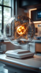 Poster - Detailed 3D Visualization of a Technetium Atom Showcasing its Intricate Electron Structure and Diverse Applications in Medical Imaging Techniques such as CT Scans and Diagnostic Radiology