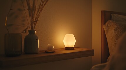 Poster - Illuminated bedside table with lamp, vases, and dried flowers.