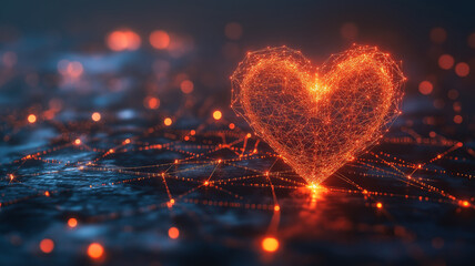 Poster - Conceptual Glowing Red Heart in a Digital Network for Love, Connection, and Technology Ideas
