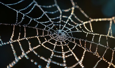 Dew-covered spiderweb, intricate, glistening, dark background.