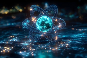 Poster - precisely rendered exploded assembly diagram of a technetium atom showcasing its electron orbitals