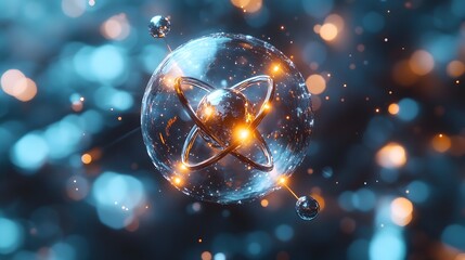 Poster - Macro close up of a technetium atom showcasing its unique properties and role in healthcare with vibrant metallic sheen and microscopic detail of subatomic particles in a imagery setting