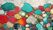 © Studio - Colorful graffiti art graces a textured cement wall, featuring vibrant red, green, and turquoise pebbles. This graffiti background art provides a dynamic and vivid space for creativity.