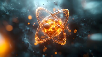 Poster - Comprehensive 3D cross section of a technetium atom showcasing its electron shell and radiological properties in a highly detailed anatomical rendering with a restrained color palette