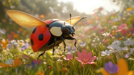 Wall Mural - Ladybug flying amidst vibrant wildflowers in a meadow at sunrise.