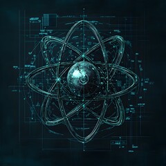Poster - Detailed sectional of a technetium atom highlighting the internal structure radiological characteristics and technical blueprint like qualities