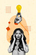 © deagreez - Vertical photo collage of minded girl hold head migraine light bulb finding idea contemplation ponder isolated on painted background