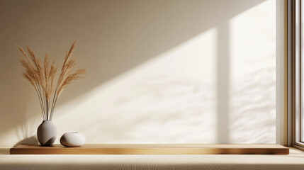 Poster - sunlight streams through a window illuminating decorative vases and dry grass in a minimalistic inte
