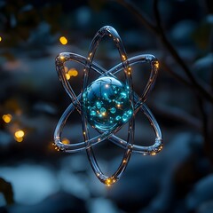 Poster - cutaway view of a technetium atom highlighting its electron orbitals and role in radiopharmaceutical
